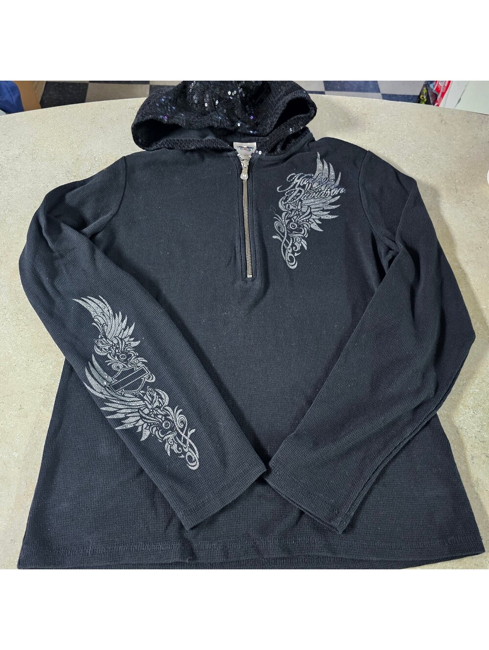 Harley-Davidson Black Long Sleeve Hoodie with Sequin Hood and Graphic Print